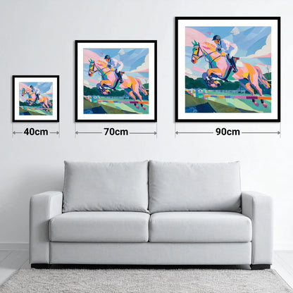 Kaleidoscope Leap - size guide showing 40cm, 70cm and 90cm art prints