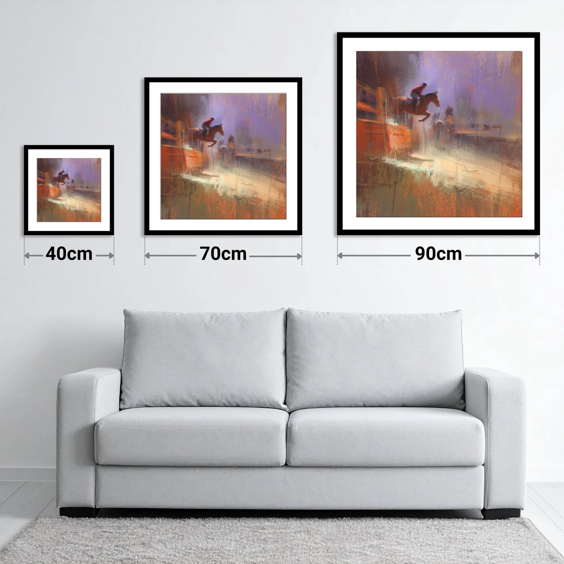 Violet And Sienna Ascent - size guide showing 40cm, 70cm and 90cm art prints