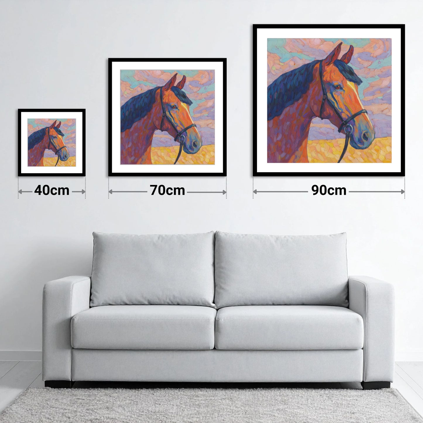 Painted Bay Profile - size guide showing 40cm, 70cm and 90cm art prints