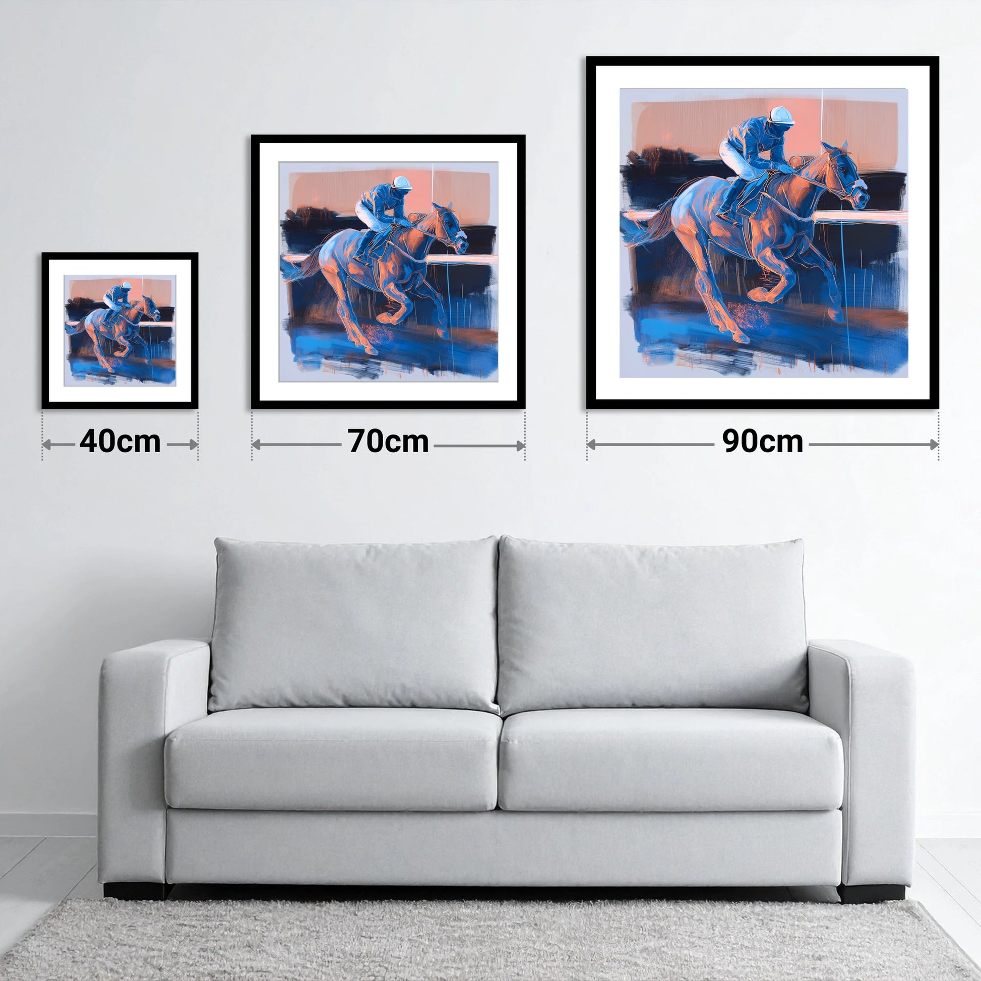Cobalt Stride - size guide showing 40cm, 70cm and 90cm art prints