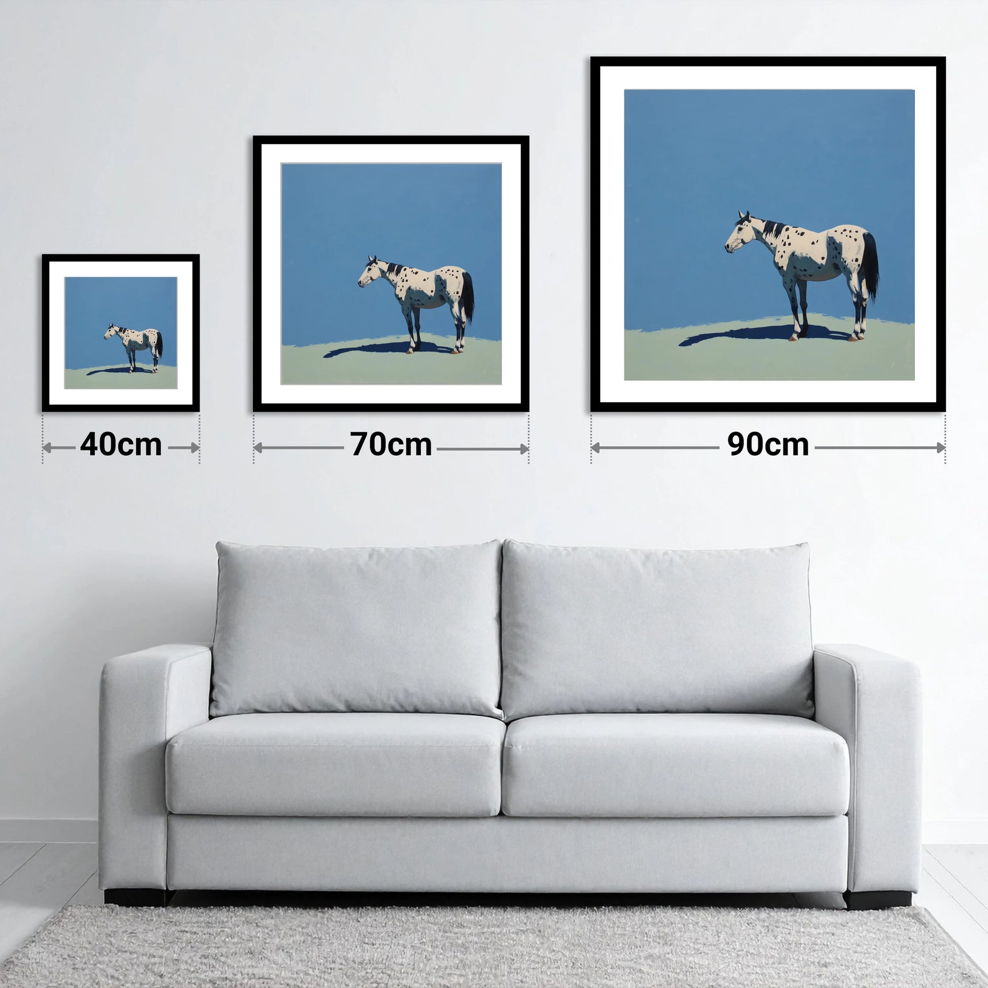 Appaloosa Under Azure Skies - size guide showing 40cm, 70cm and 90cm art prints