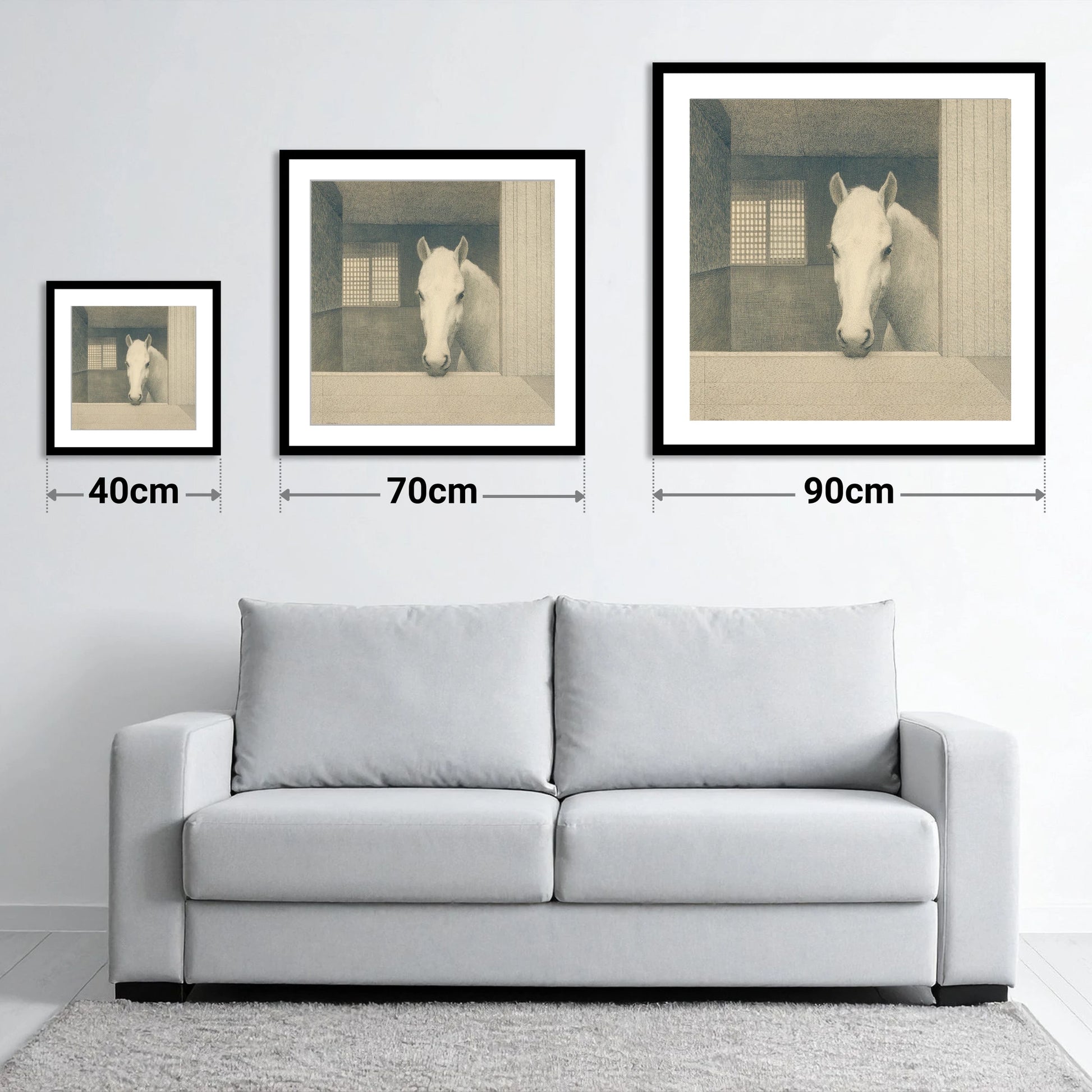 Quiet Contemplation - size guide showing 40cm, 70cm and 90cm art prints