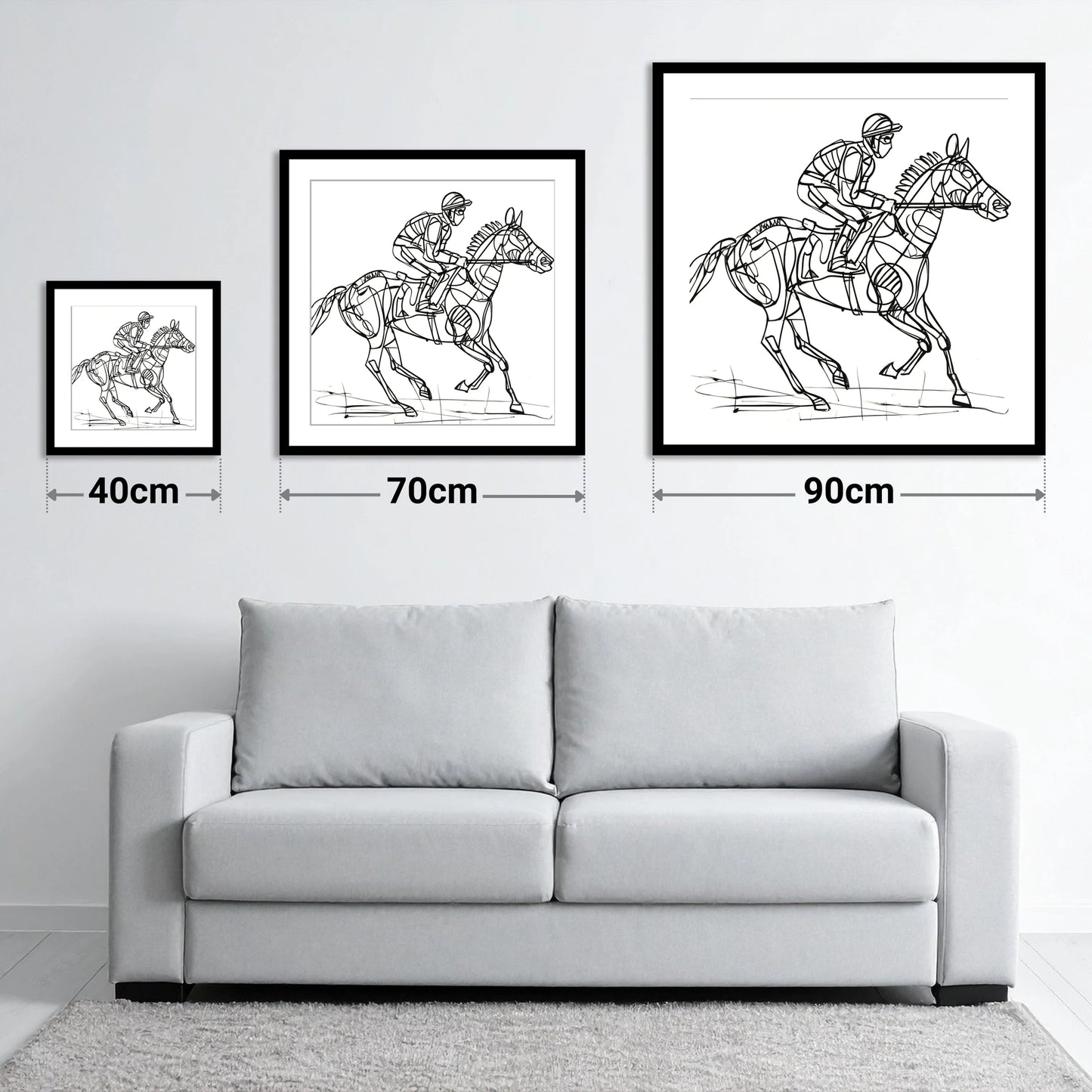 Geometry of Speed - size guide showing 40cm, 70cm and 90cm art prints
