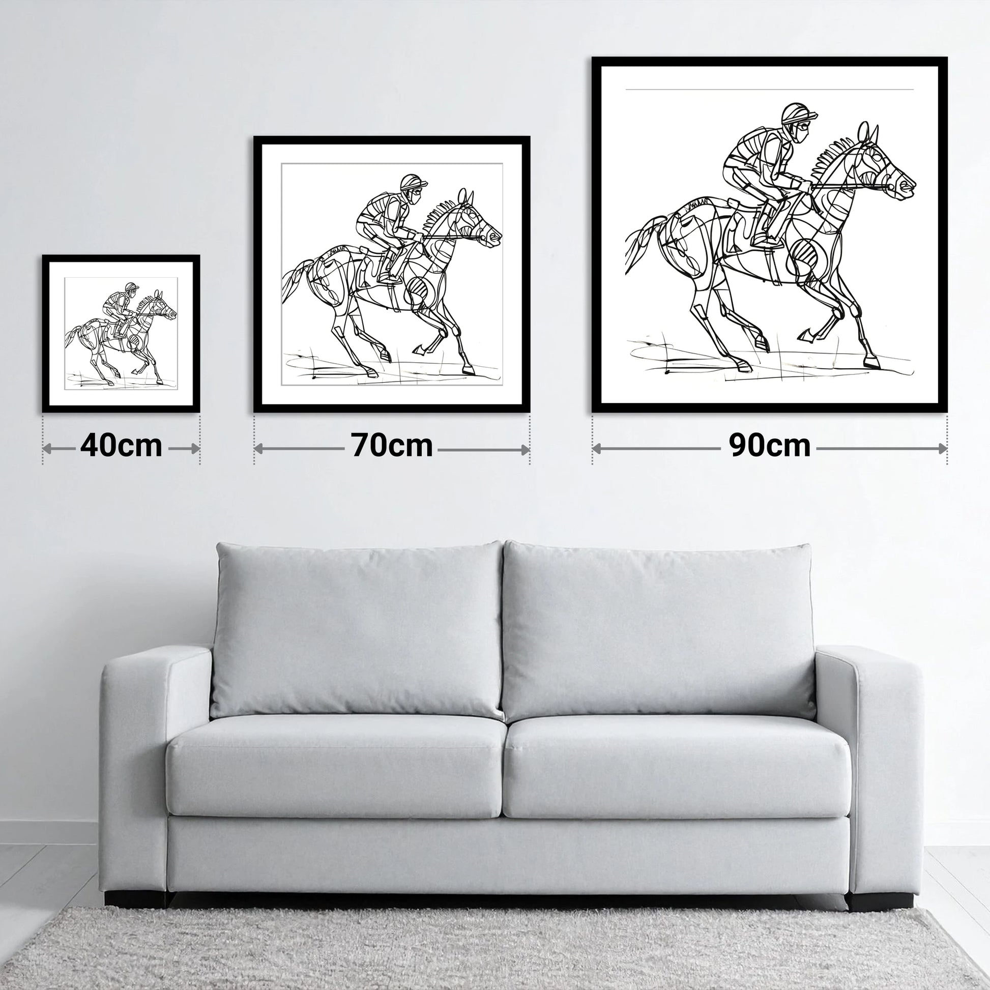 Geometry of Speed - size guide showing 40cm, 70cm and 90cm art prints