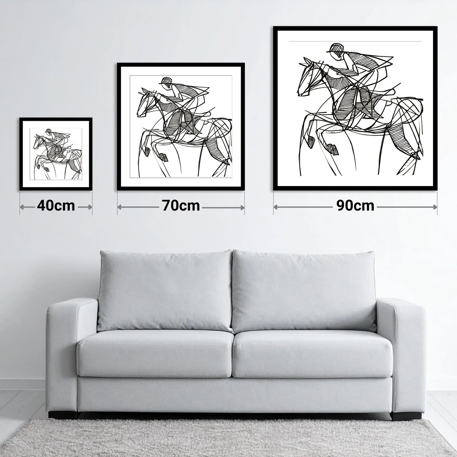 Dynamic Line Jumper - size guide showing 40cm, 70cm and 90cm art prints