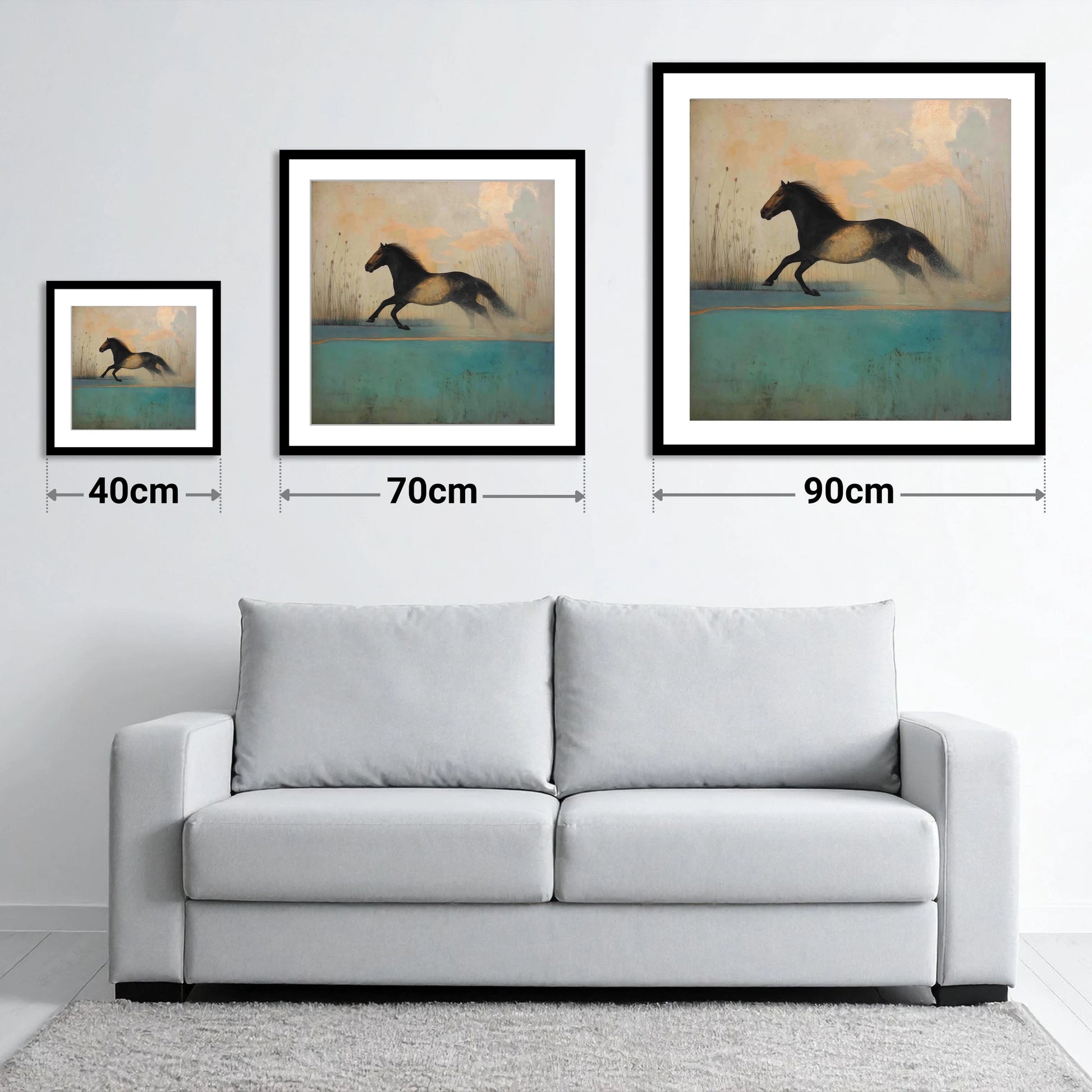 Gilded Horizon Canter - size guide showing 40cm, 70cm and 90cm art prints
