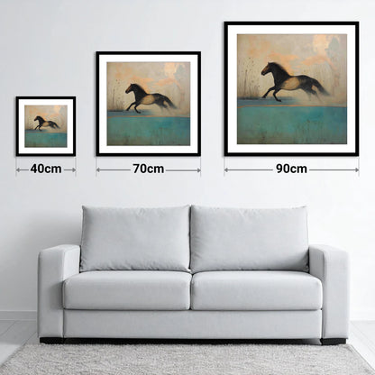 Gilded Horizon Canter - size guide showing 40cm, 70cm and 90cm art prints