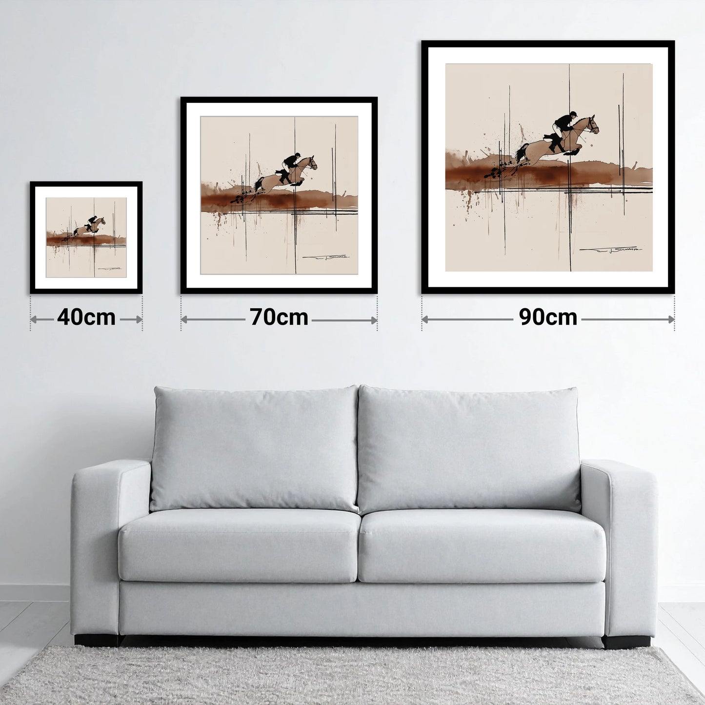Dynamic Trajectory - size guide showing 40cm, 70cm and 90cm art prints