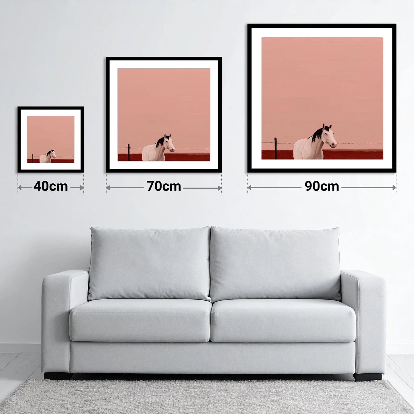 Dusty Rose Horizon - size guide showing 40cm, 70cm and 90cm art prints