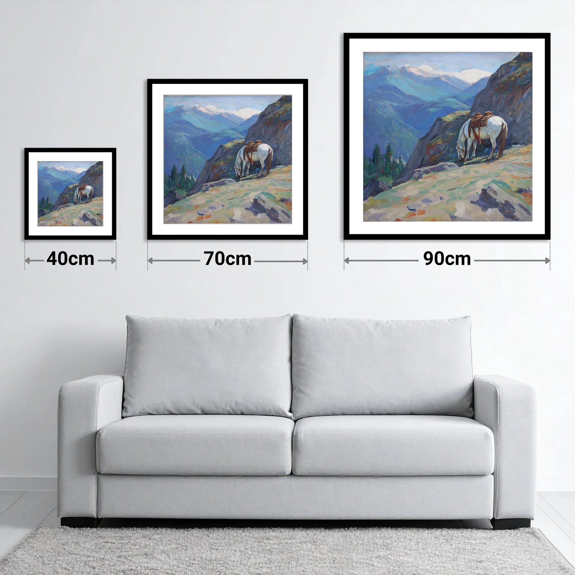 Alpine Trail Halt - size guide showing 40cm, 70cm and 90cm art prints