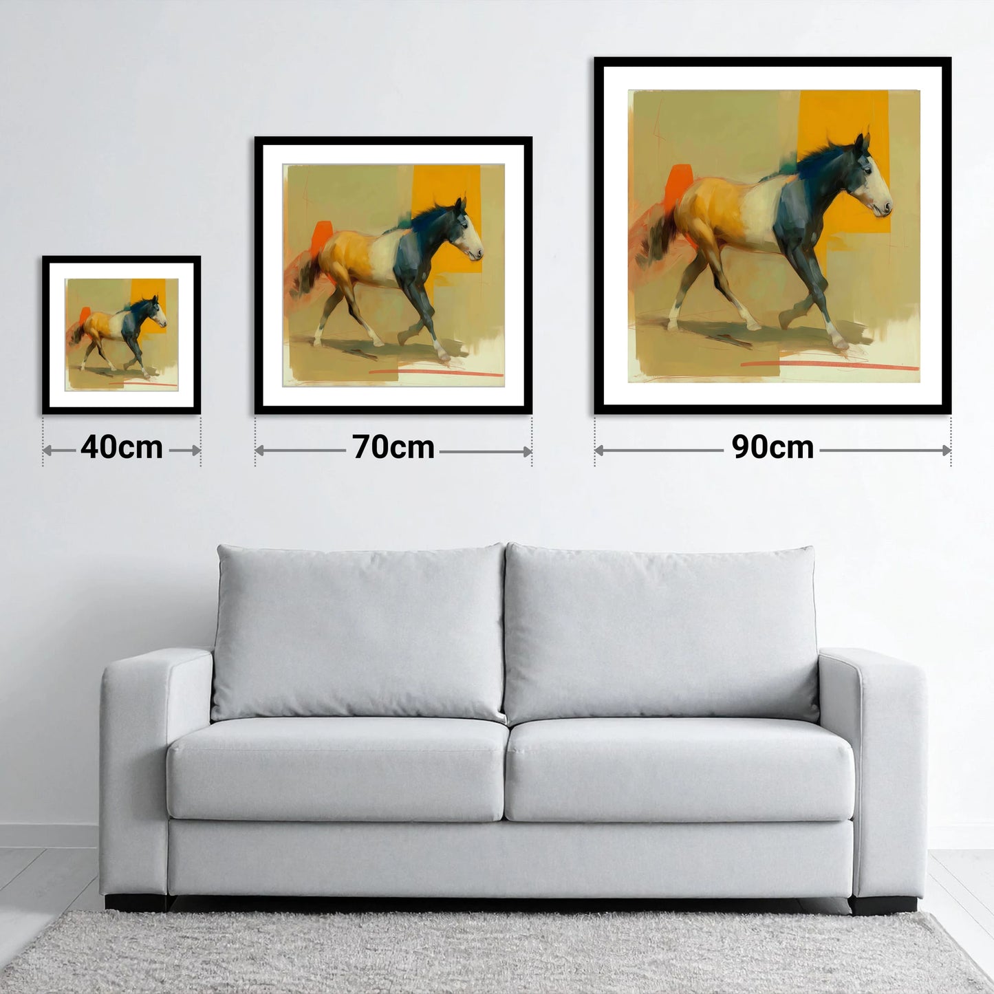 Vivid Abstract Stride - size guide showing 40cm, 70cm and 90cm art prints