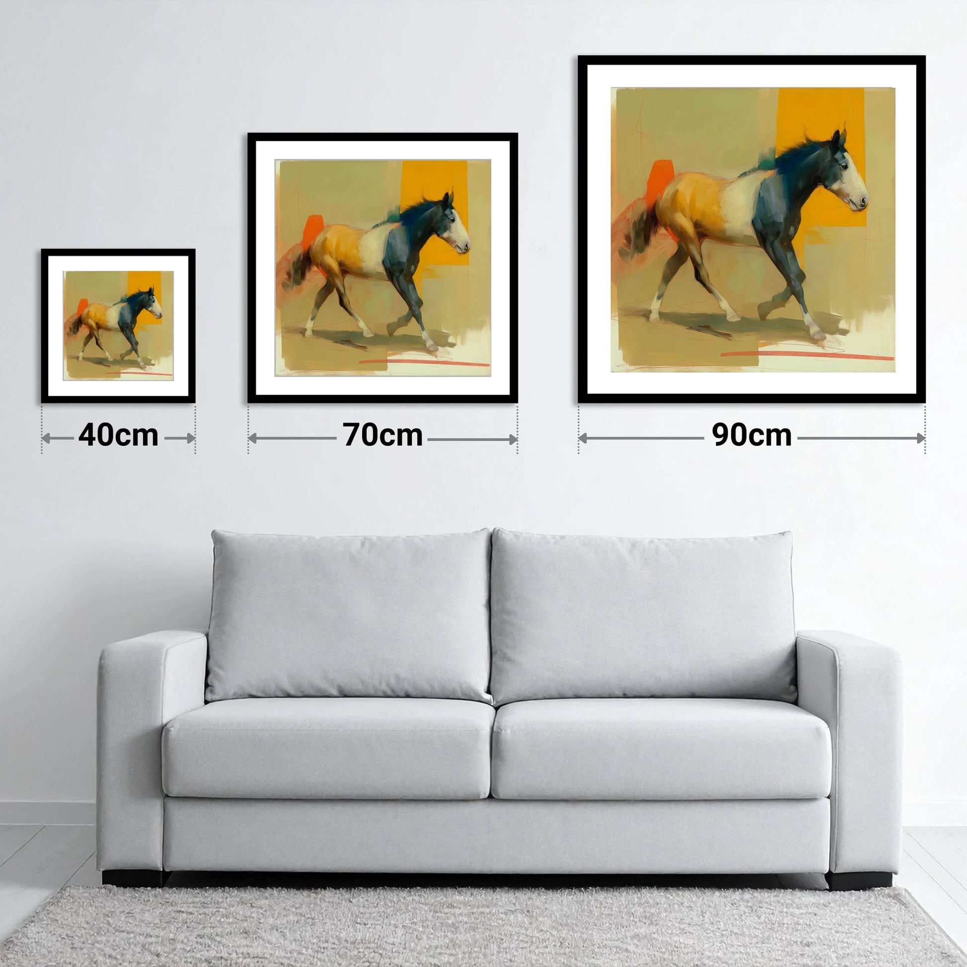 Vivid Abstract Stride - size guide showing 40cm, 70cm and 90cm art prints