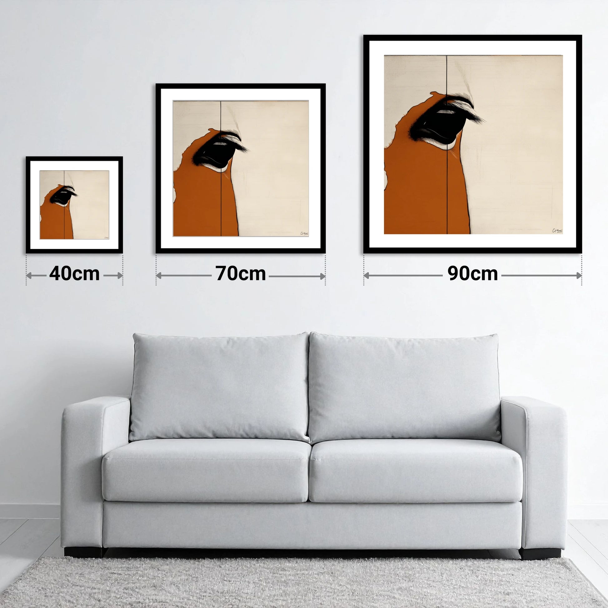 Chestnut In Focus - size guide showing 40cm, 70cm and 90cm art prints