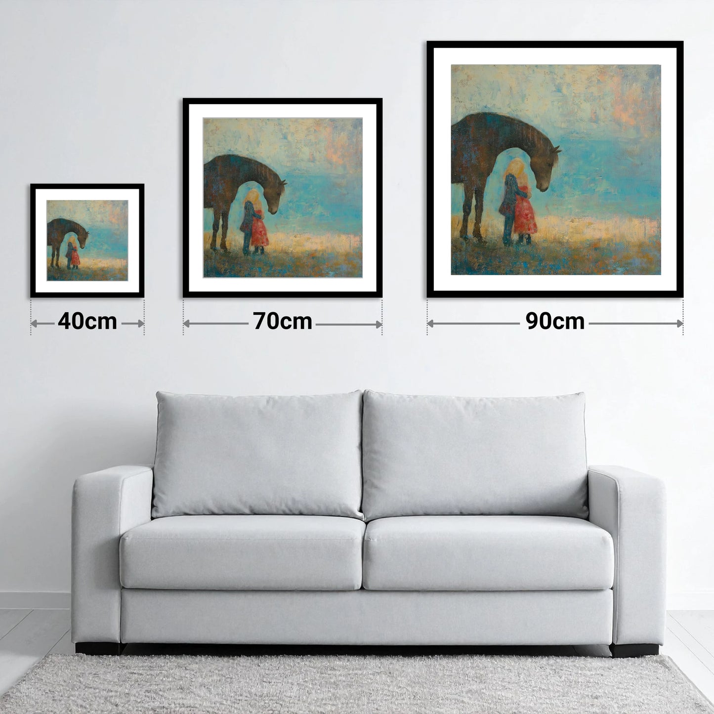 A Quiet Guardian - size guide showing 40cm, 70cm and 90cm art prints