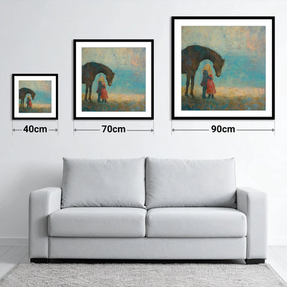 A Quiet Guardian - size guide showing 40cm, 70cm and 90cm art prints