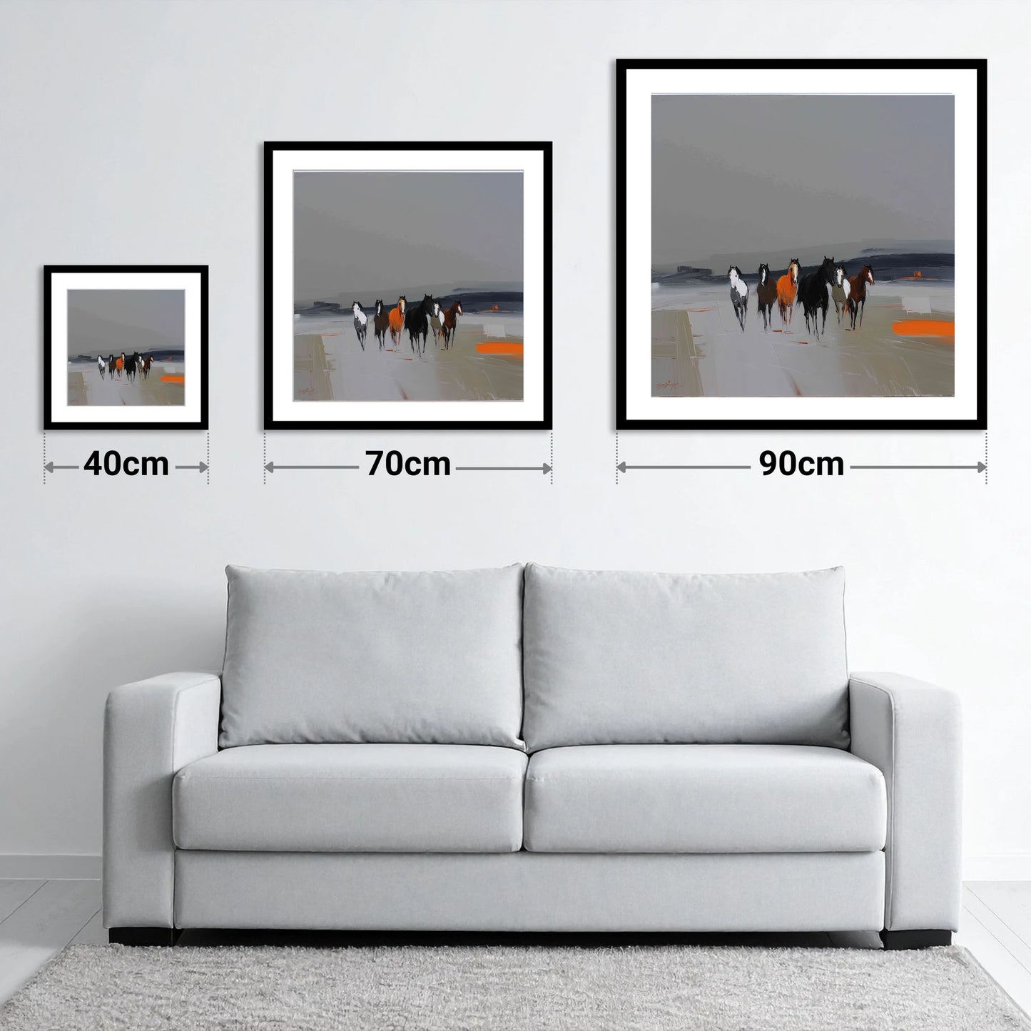 Vibrant Approach - size guide showing 40cm, 70cm and 90cm art prints