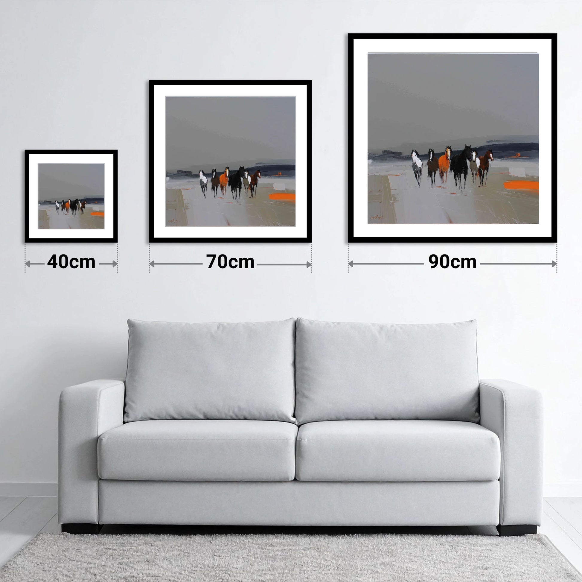 Vibrant Approach - size guide showing 40cm, 70cm and 90cm art prints