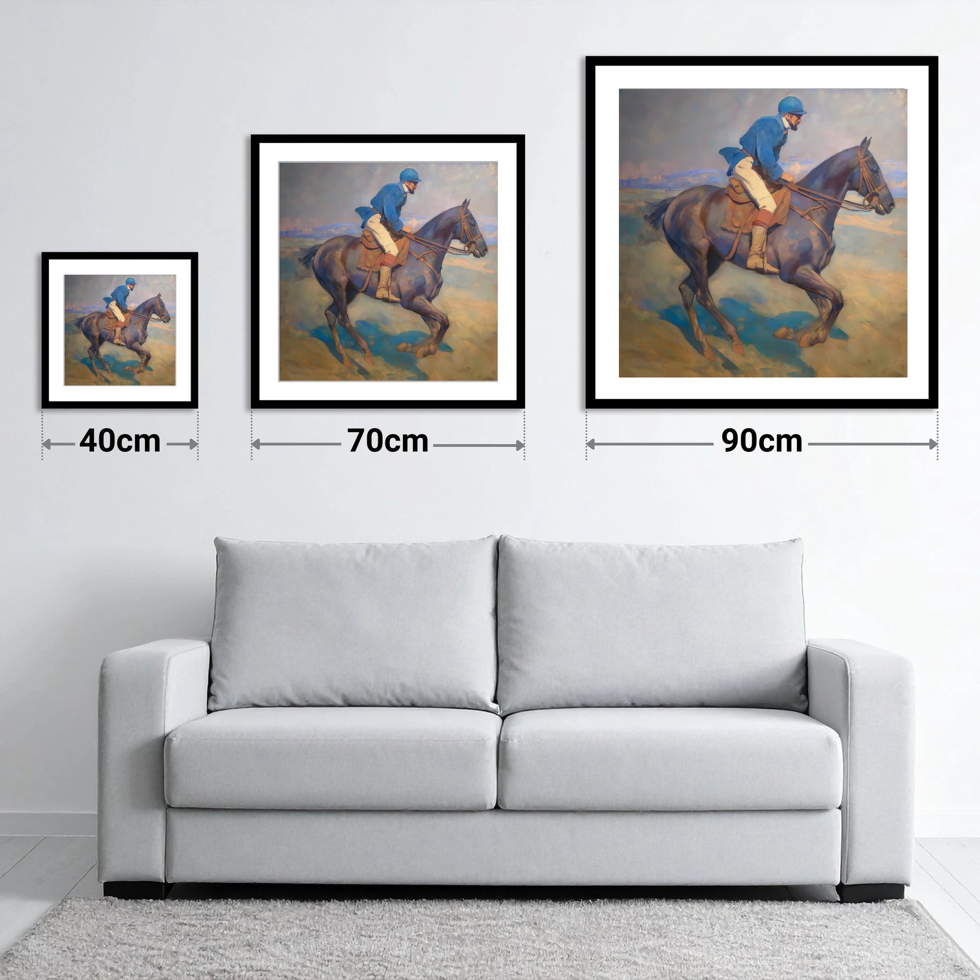 Azure Rhythm at Dawn - size guide showing 40cm, 70cm and 90cm art prints