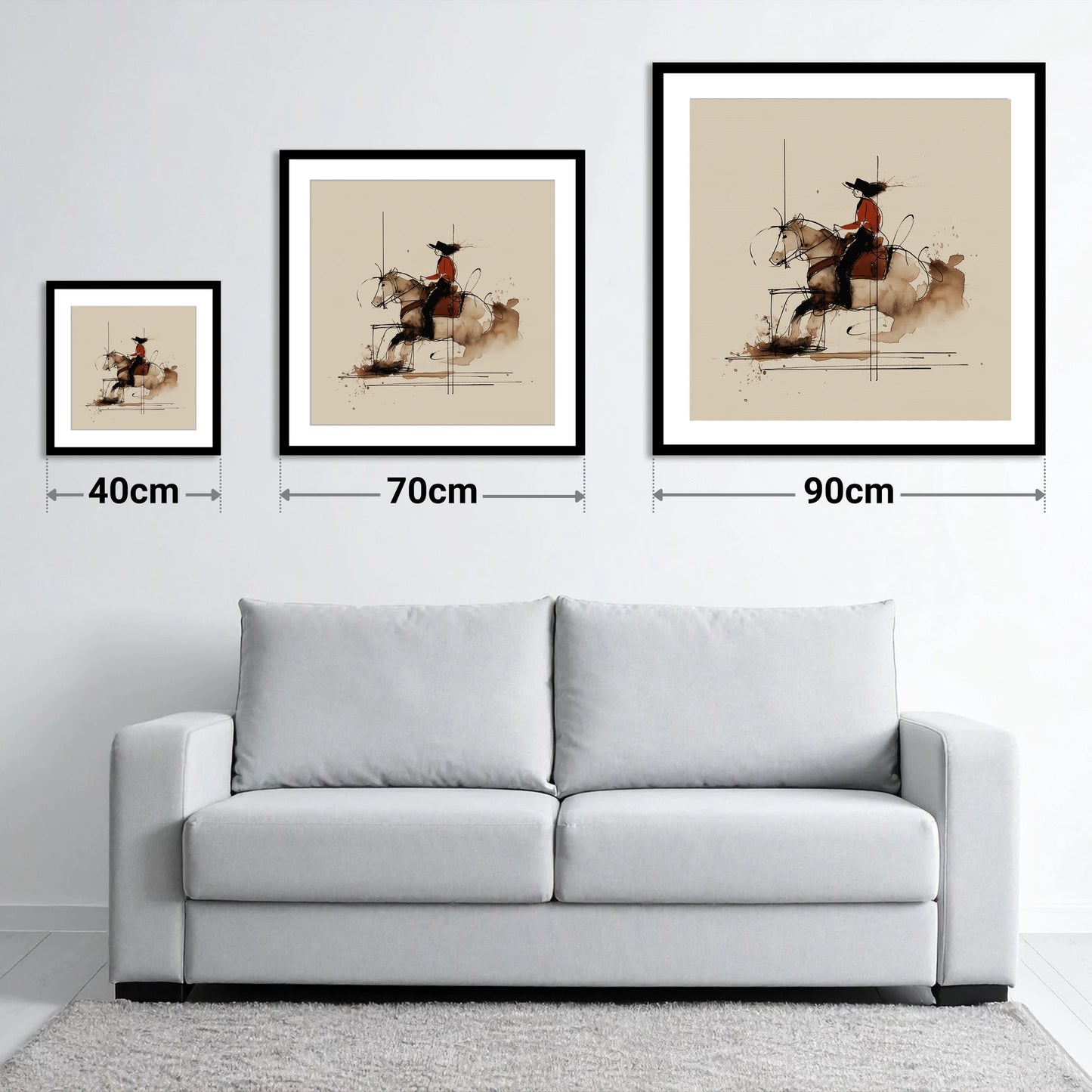Crimson Western Rider - size guide showing 40cm, 70cm and 90cm art prints