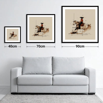 Crimson Western Rider - size guide showing 40cm, 70cm and 90cm art prints