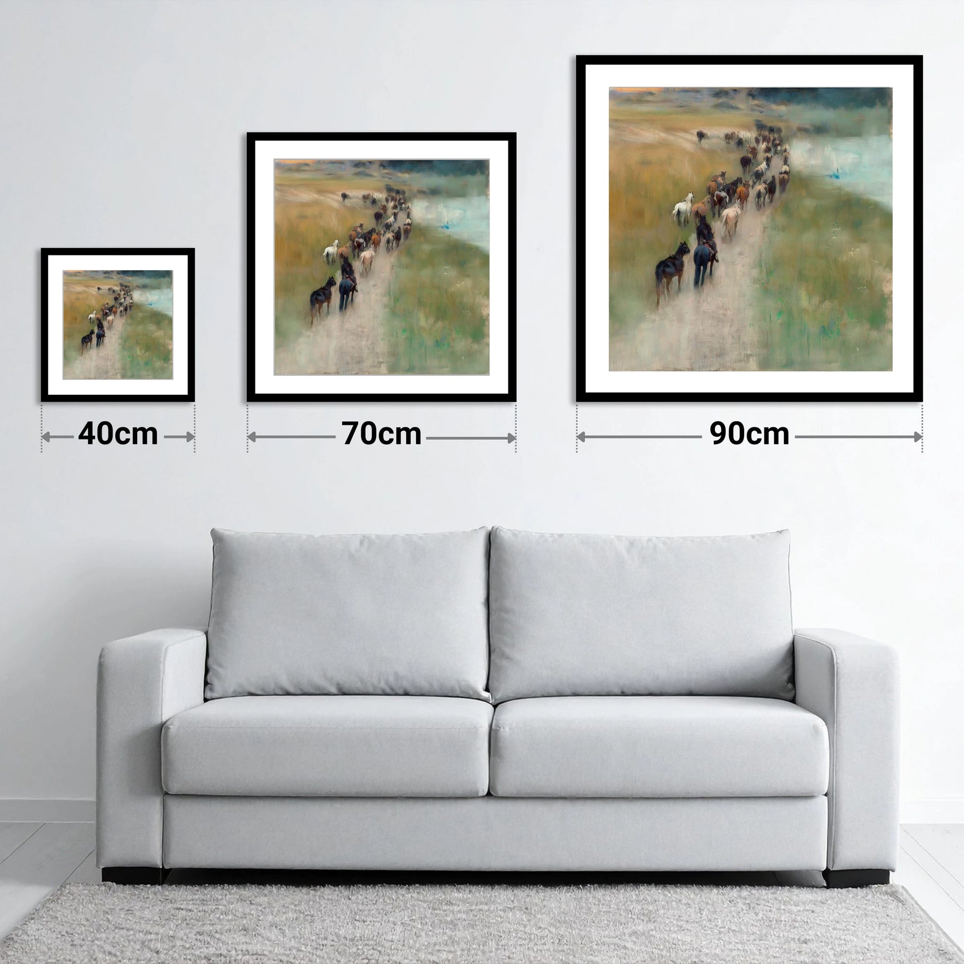 The Dusty Trail - size guide showing 40cm, 70cm and 90cm art prints