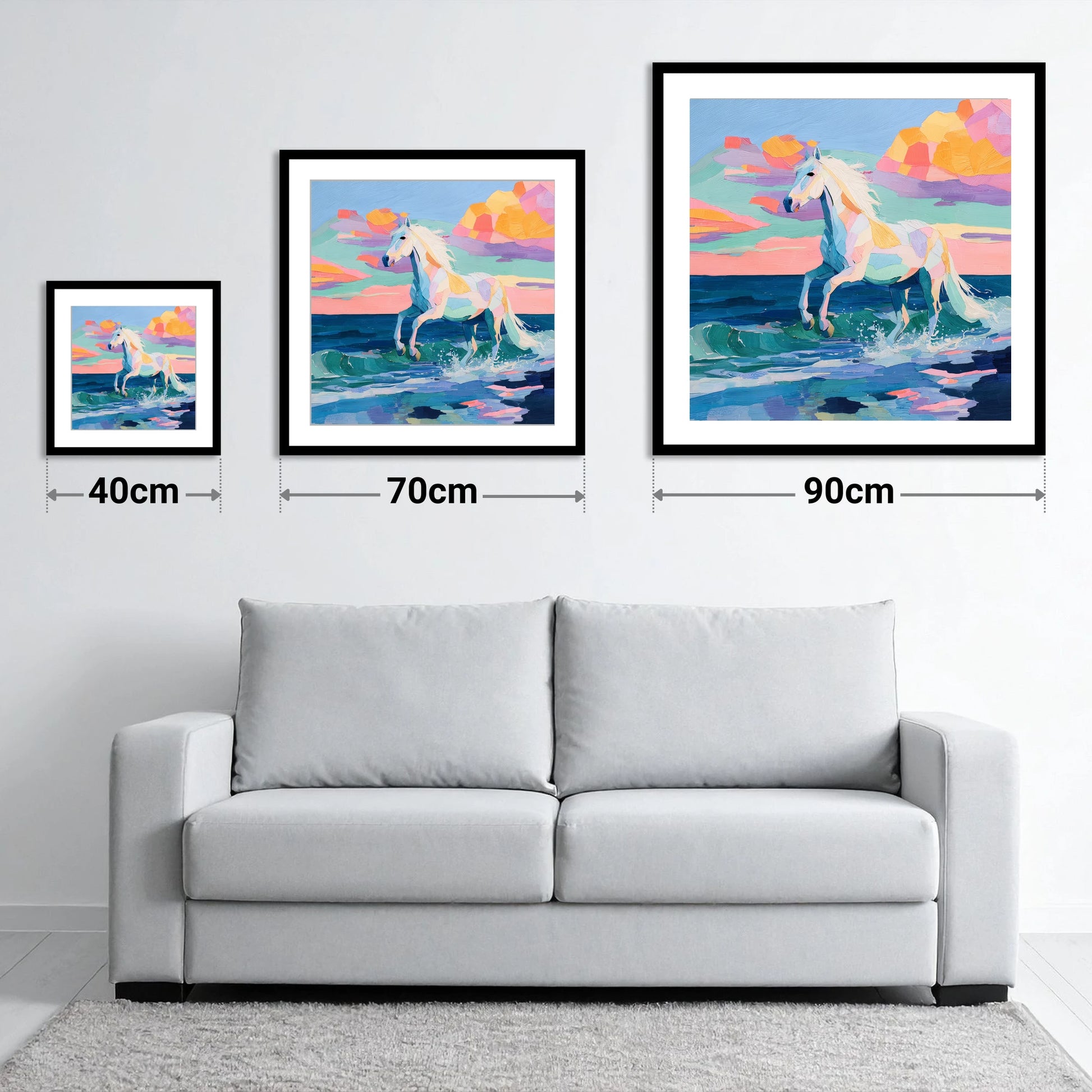Vibrant Coastal Canter - size guide showing 40cm, 70cm and 90cm art prints