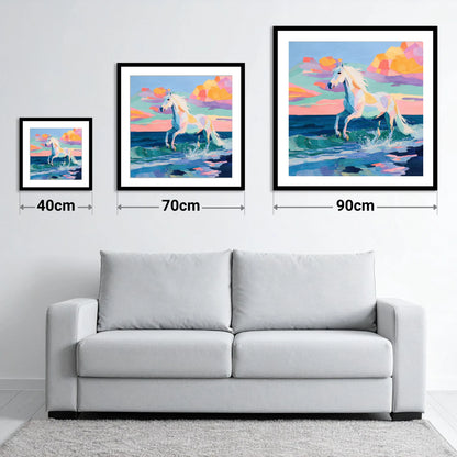 Vibrant Coastal Canter - size guide showing 40cm, 70cm and 90cm art prints