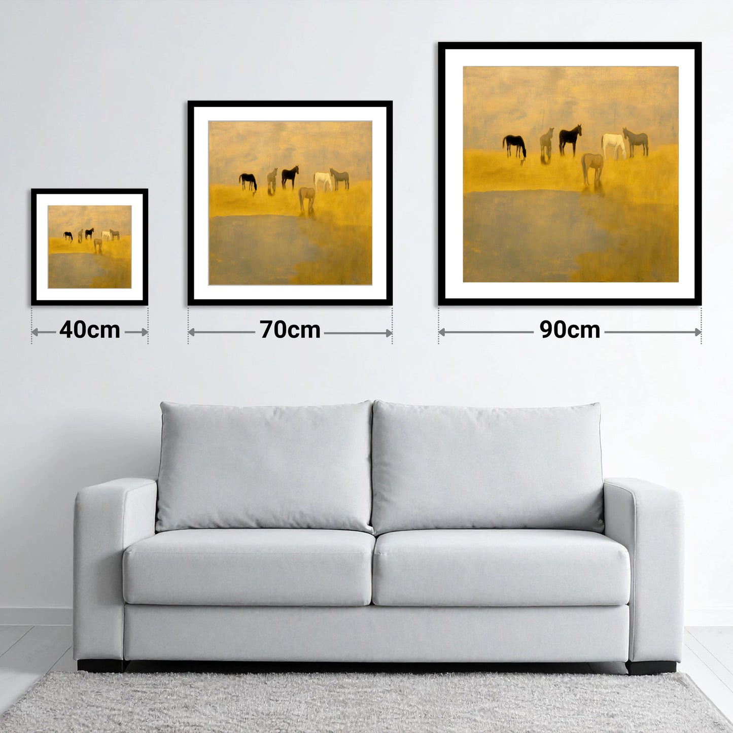 Golden Haze Grazing - size guide showing 40cm, 70cm and 90cm art prints