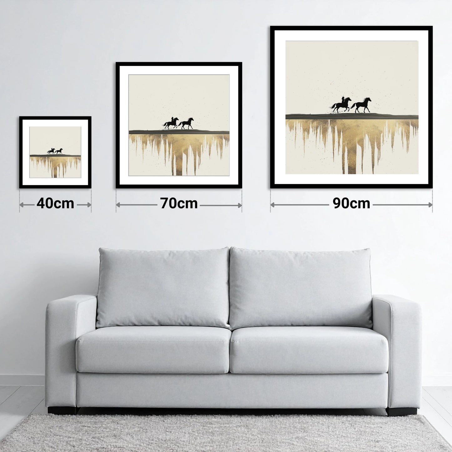 Golden Horizon Silhouettes - size guide showing 40cm, 70cm and 90cm art prints