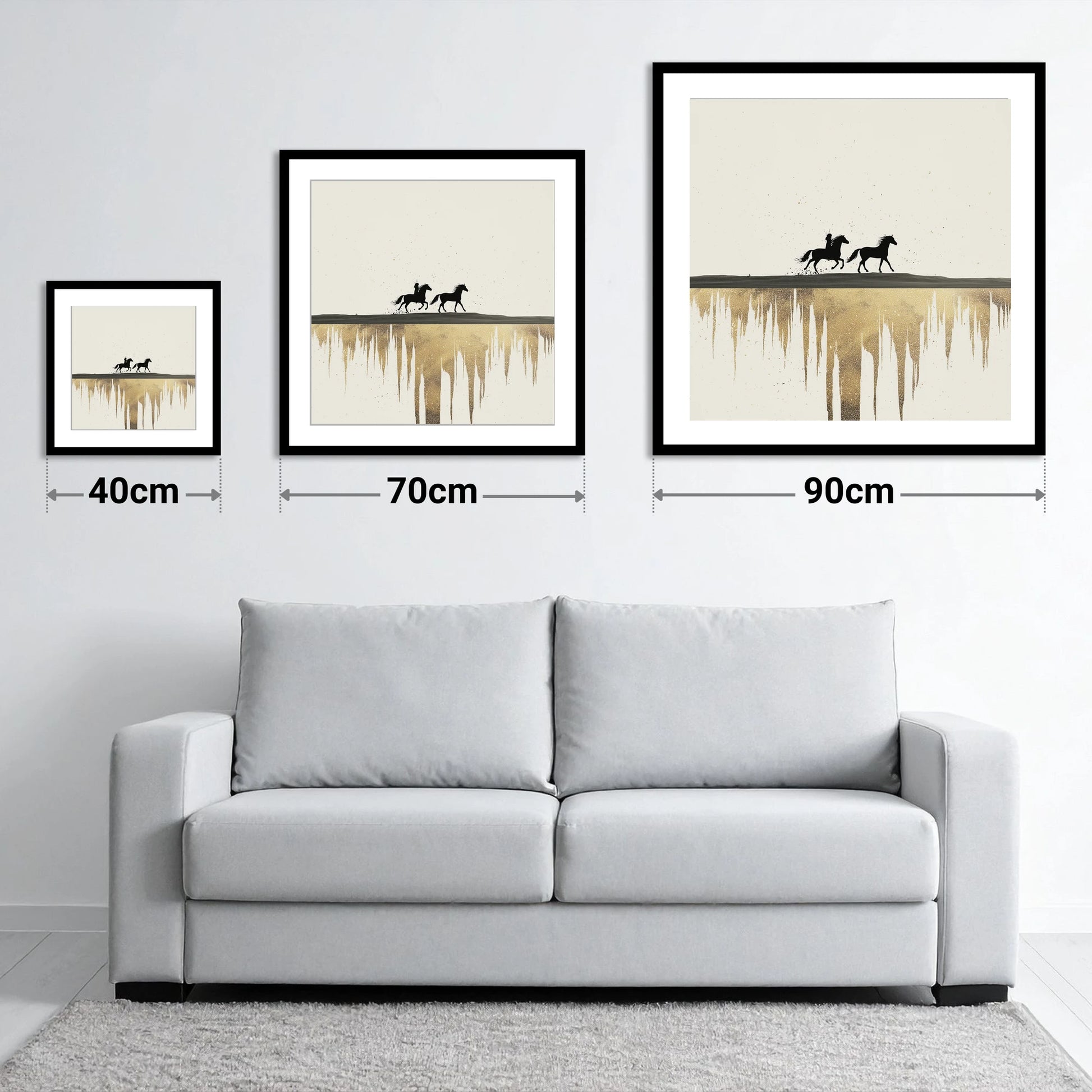 Golden Horizon Silhouettes - size guide showing 40cm, 70cm and 90cm art prints