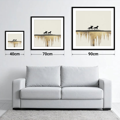 Golden Horizon Silhouettes - size guide showing 40cm, 70cm and 90cm art prints