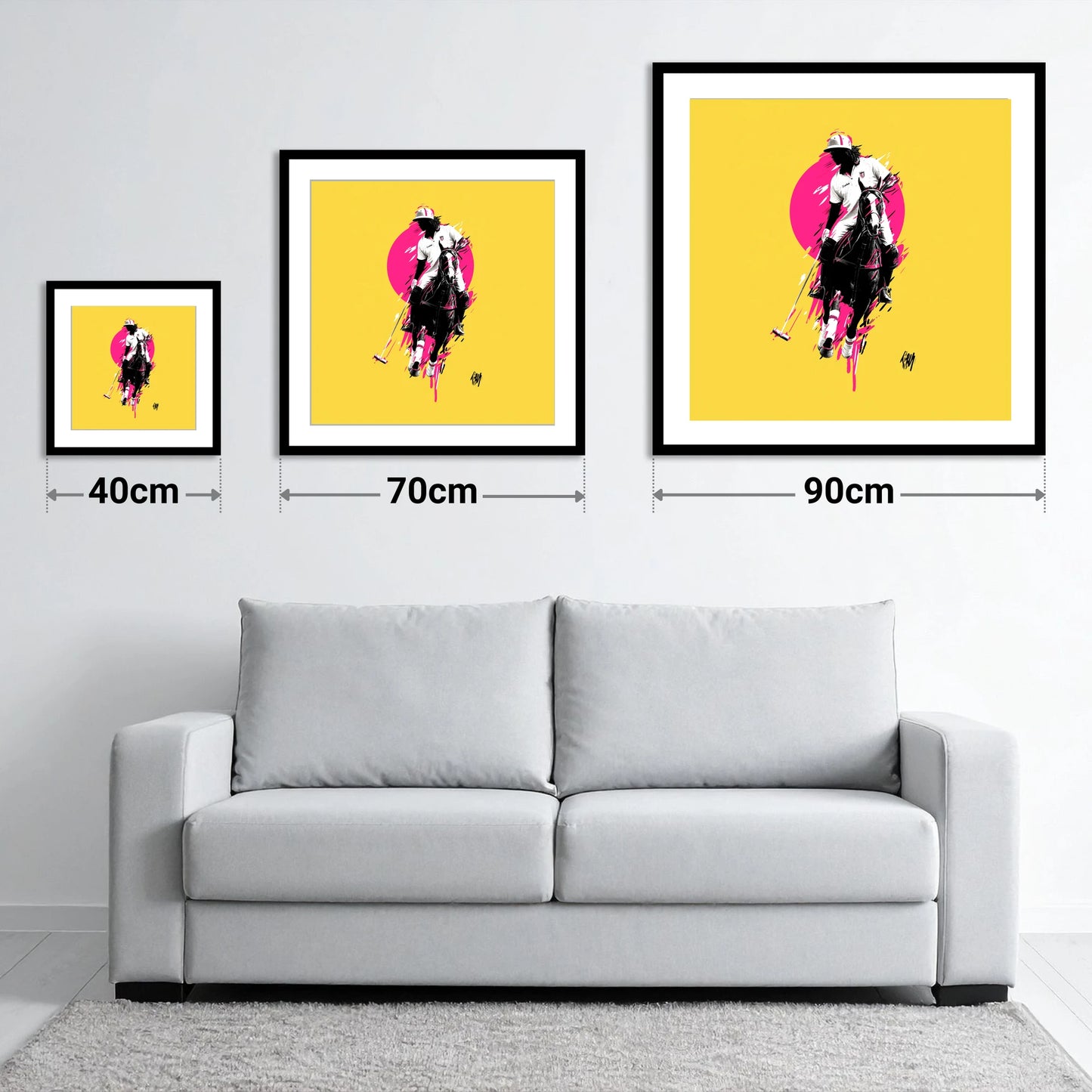 The Vibrant Chukka - size guide showing 40cm, 70cm and 90cm art prints