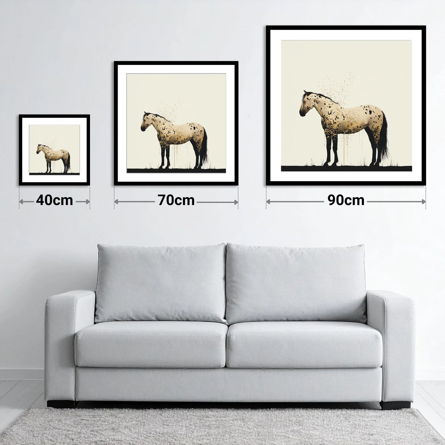 Gilded Appaloosa Elegance - size guide showing 40cm, 70cm and 90cm art prints
