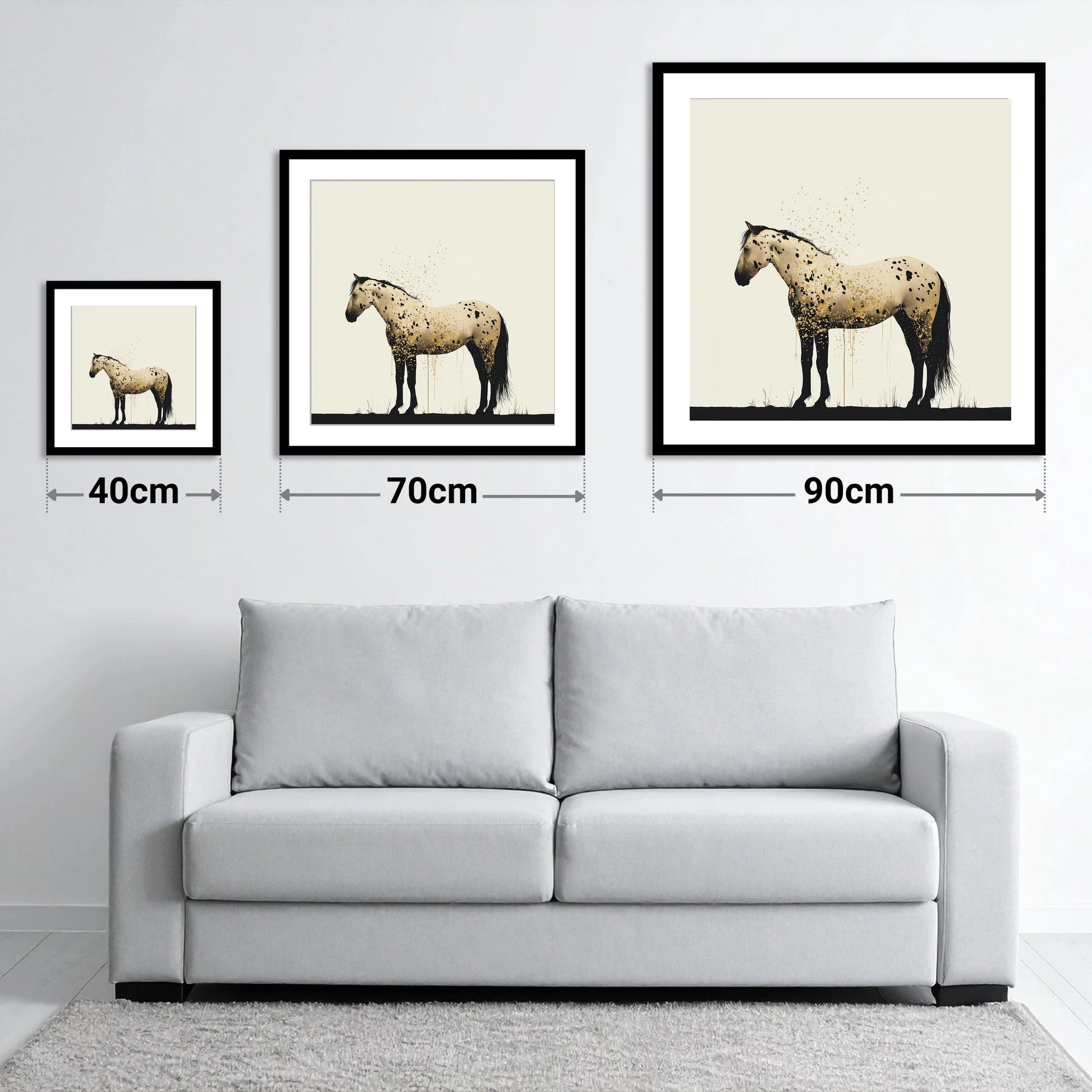 Gilded Appaloosa Elegance - size guide showing 40cm, 70cm and 90cm art prints