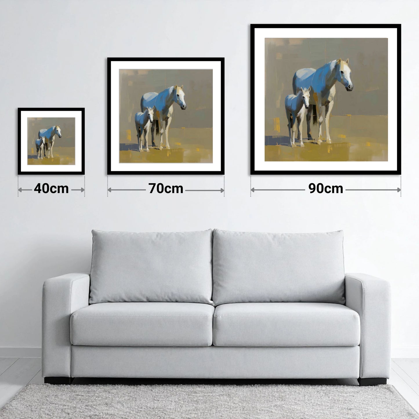 A Mother’s Quiet Watch - size guide showing 40cm, 70cm and 90cm art prints