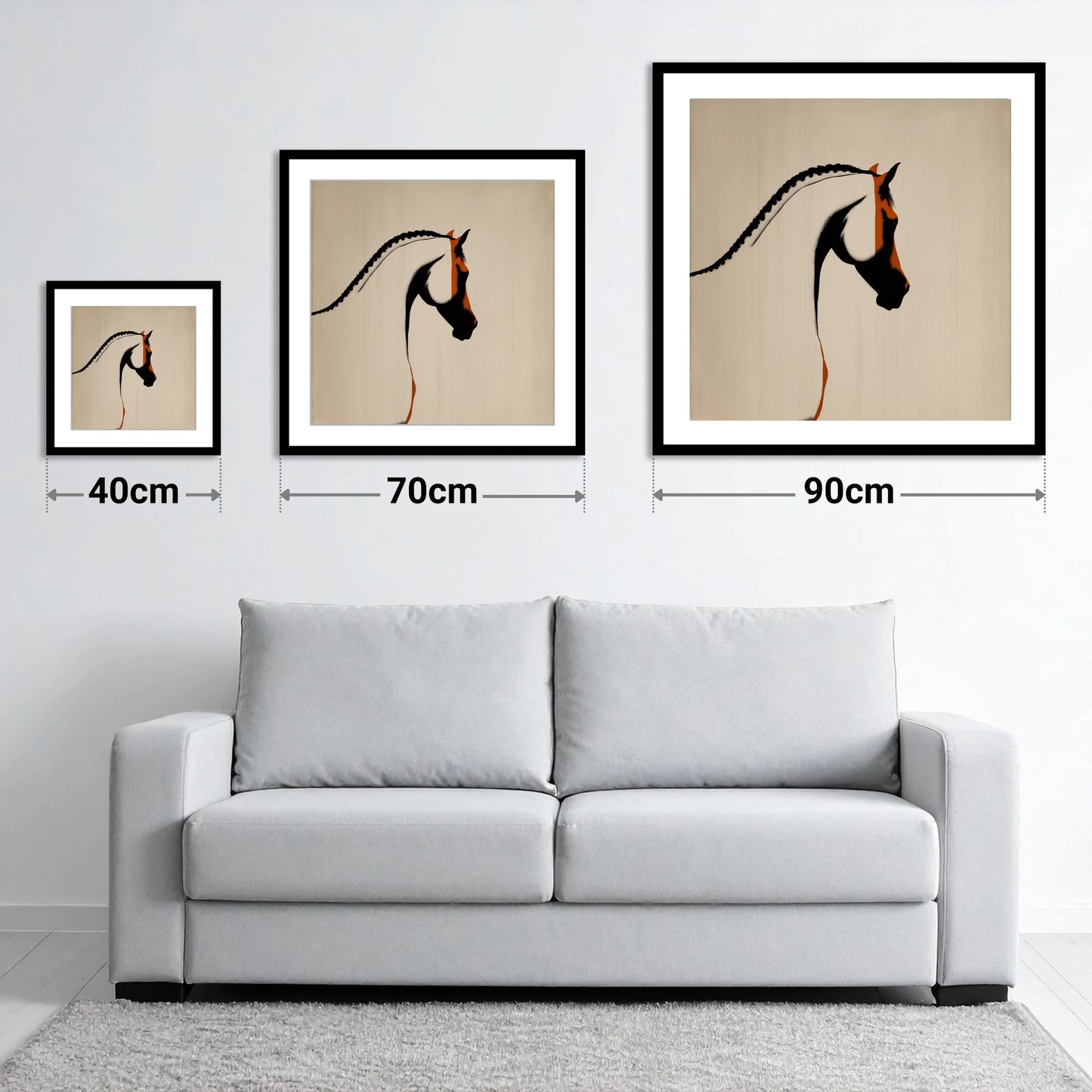 The Plaited Crest - size guide showing 40cm, 70cm and 90cm art prints