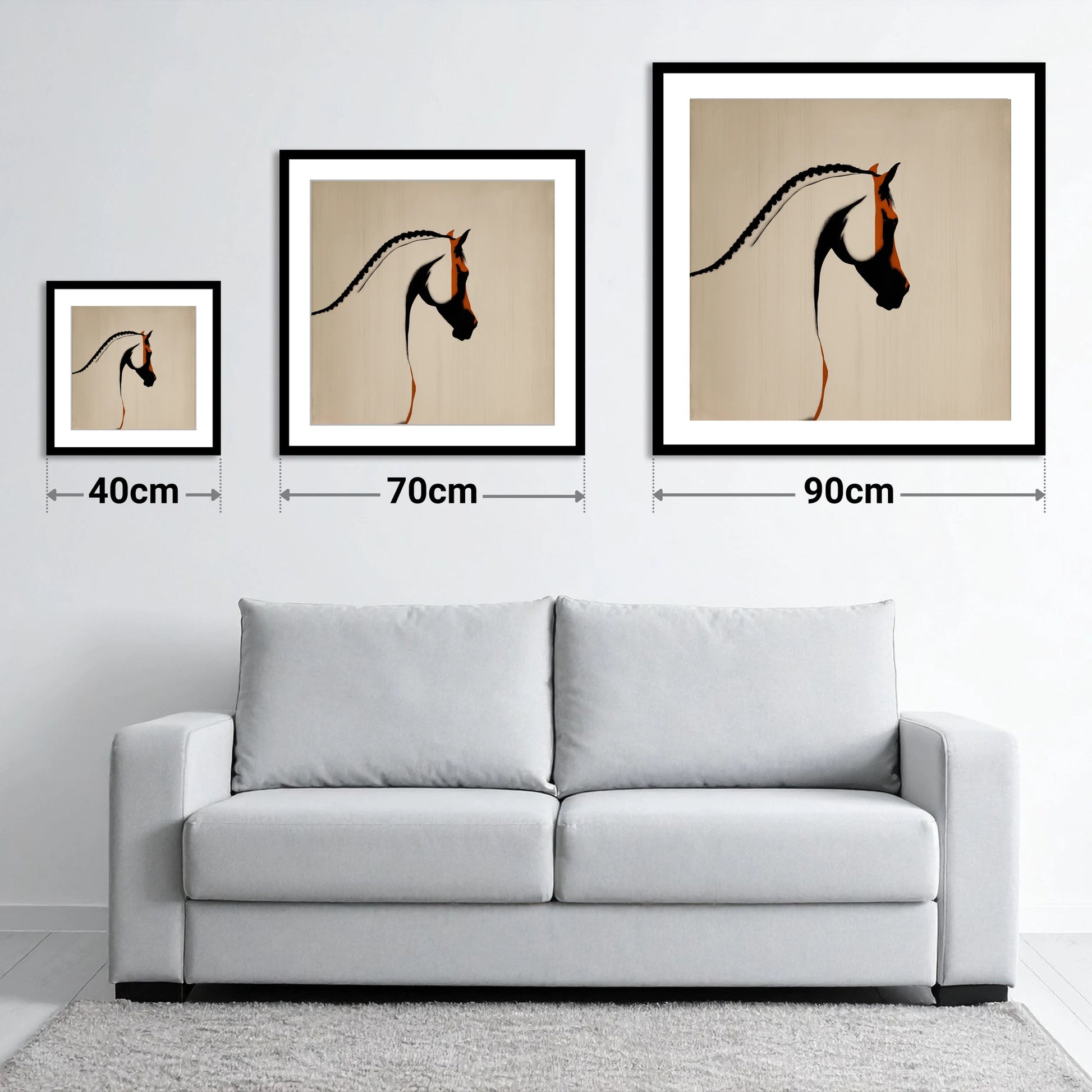 The Plaited Crest - size guide showing 40cm, 70cm and 90cm art prints