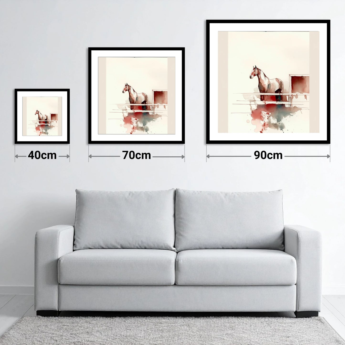 Watching from the Rails - size guide showing 40cm, 70cm and 90cm art prints