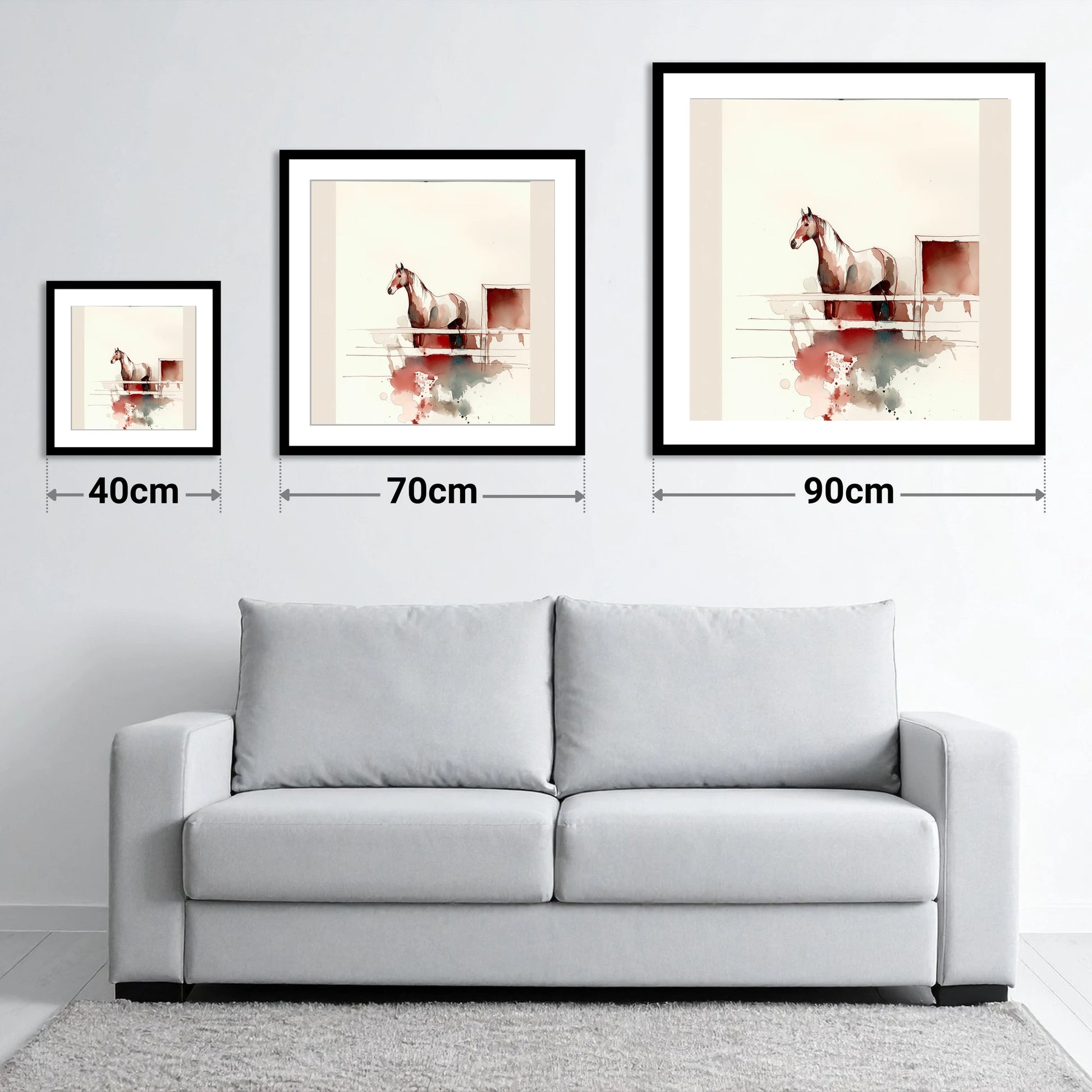 Watching from the Rails - size guide showing 40cm, 70cm and 90cm art prints