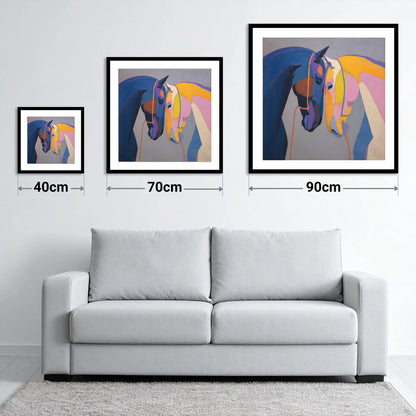 Vibrant Equine Bond - size guide showing 40cm, 70cm and 90cm art prints