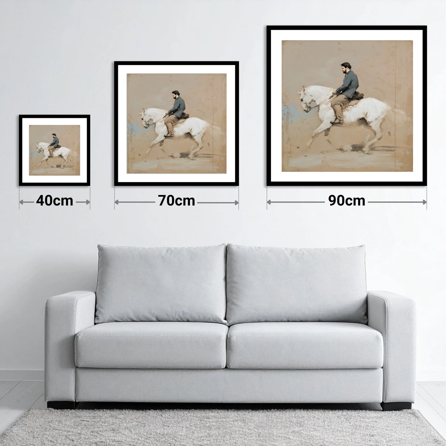 Collected Elegance - size guide showing 40cm, 70cm and 90cm art prints
