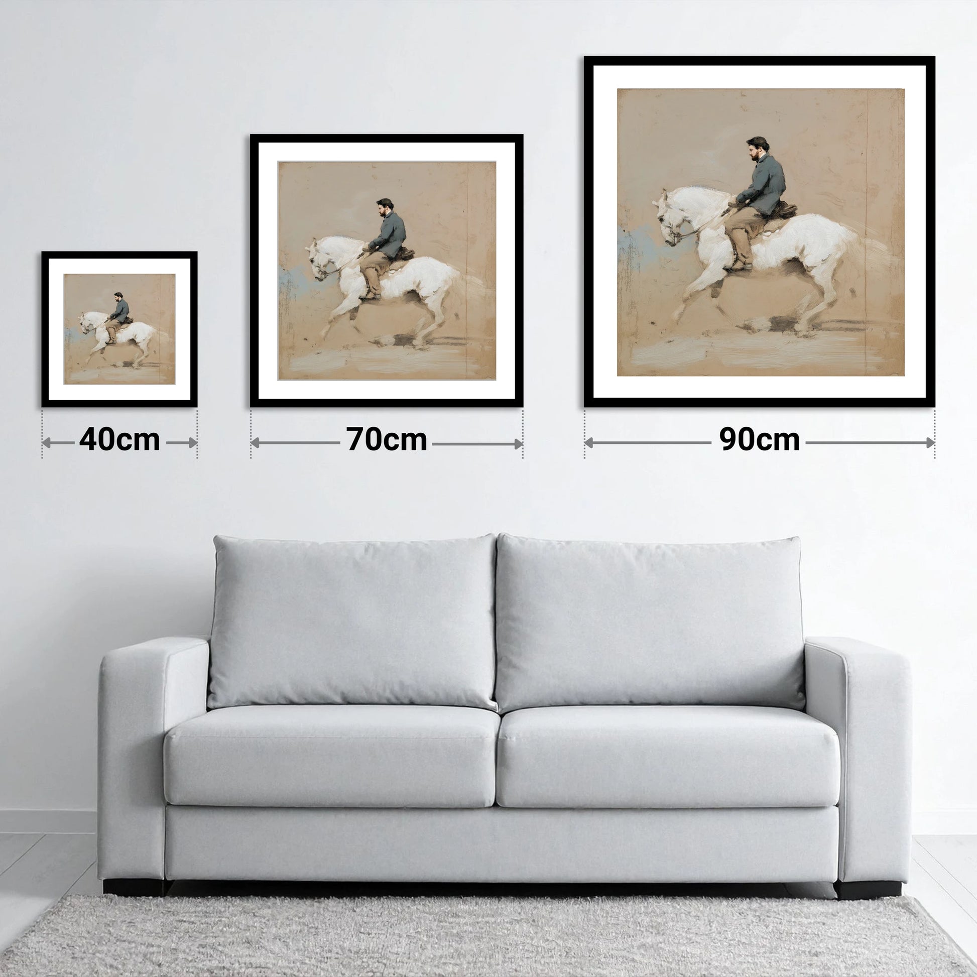 Collected Elegance - size guide showing 40cm, 70cm and 90cm art prints