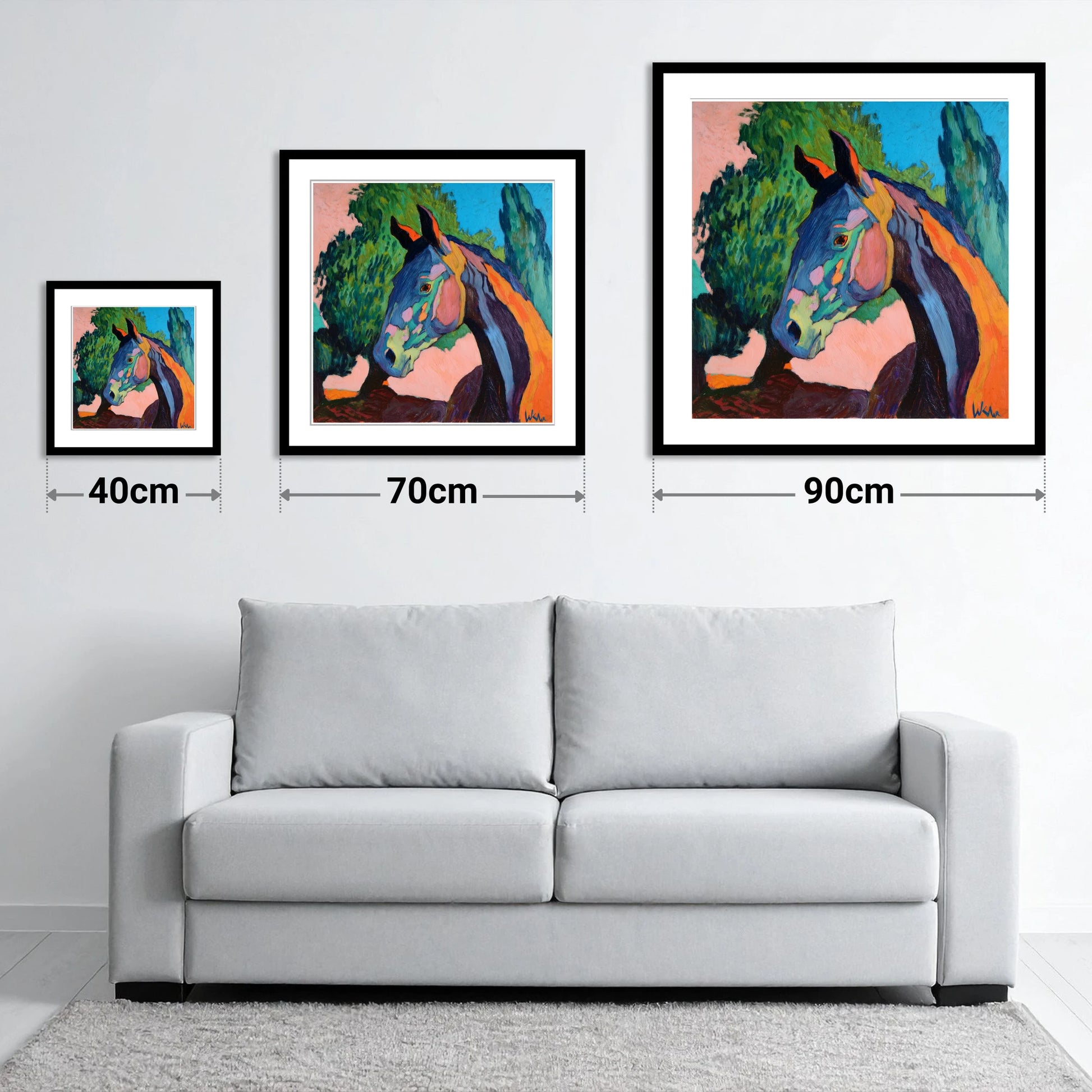 Vibrant Equine Expression - size guide showing 40cm, 70cm and 90cm art prints