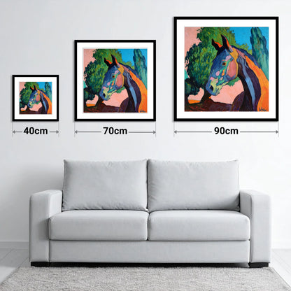 Vibrant Equine Expression - size guide showing 40cm, 70cm and 90cm art prints