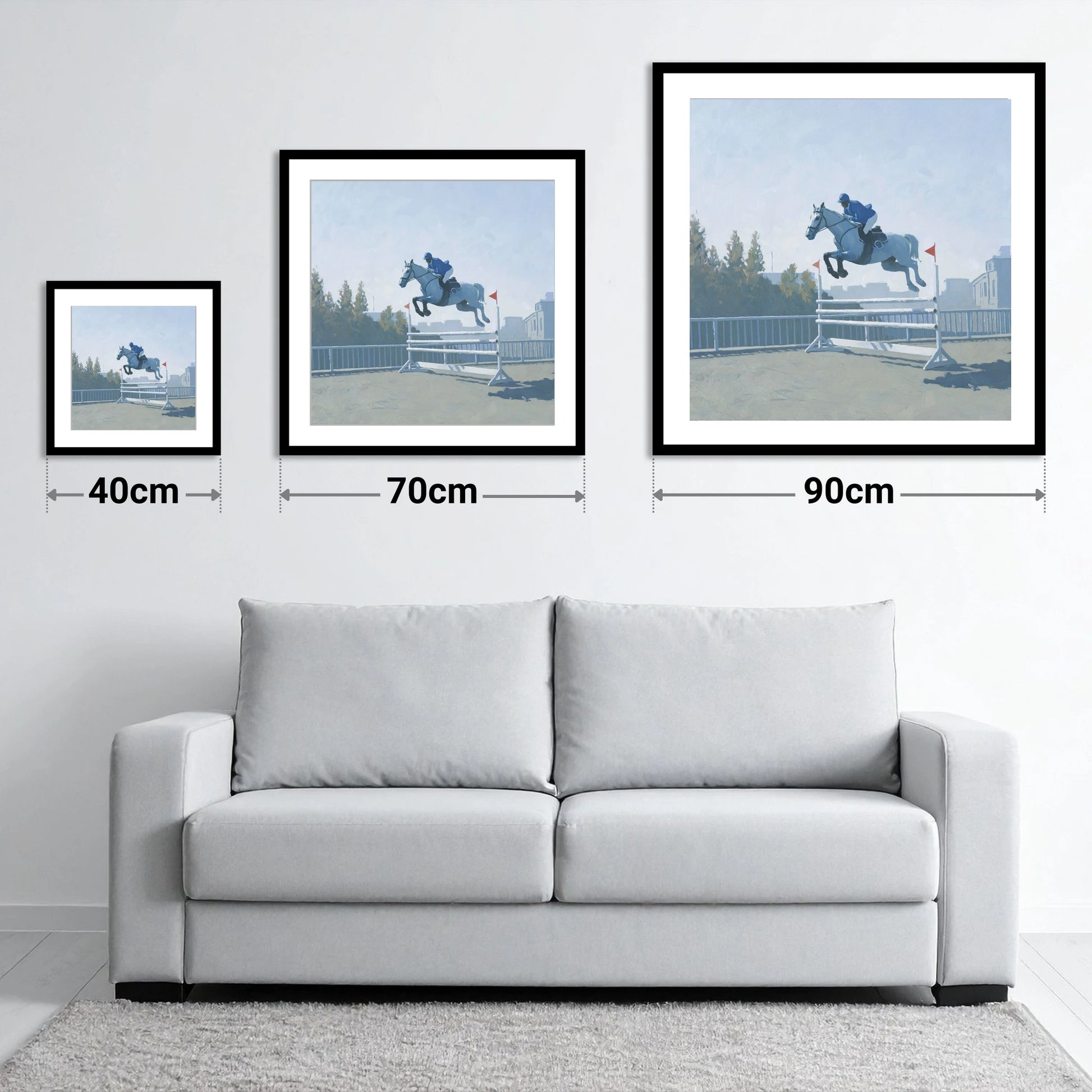 Airborne in Blue - size guide showing 40cm, 70cm and 90cm art prints