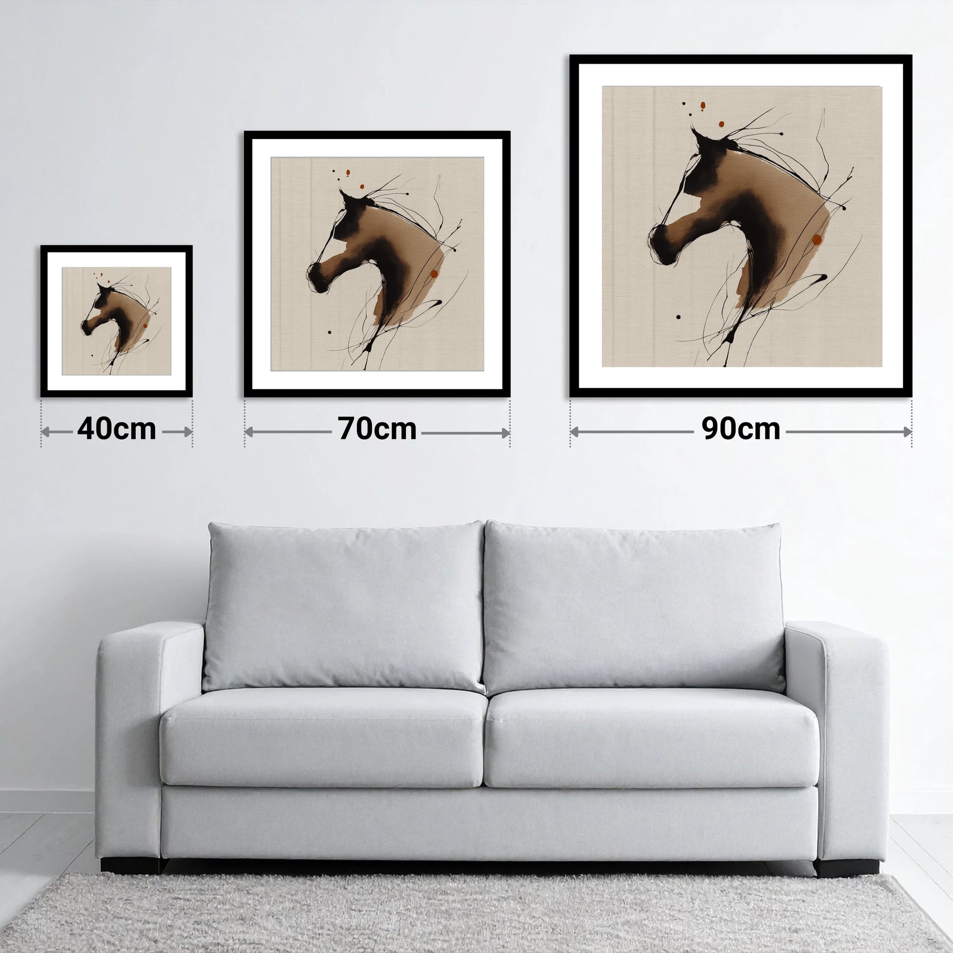 Fluid Sepia Equine Profile - size guide showing 40cm, 70cm and 90cm art prints