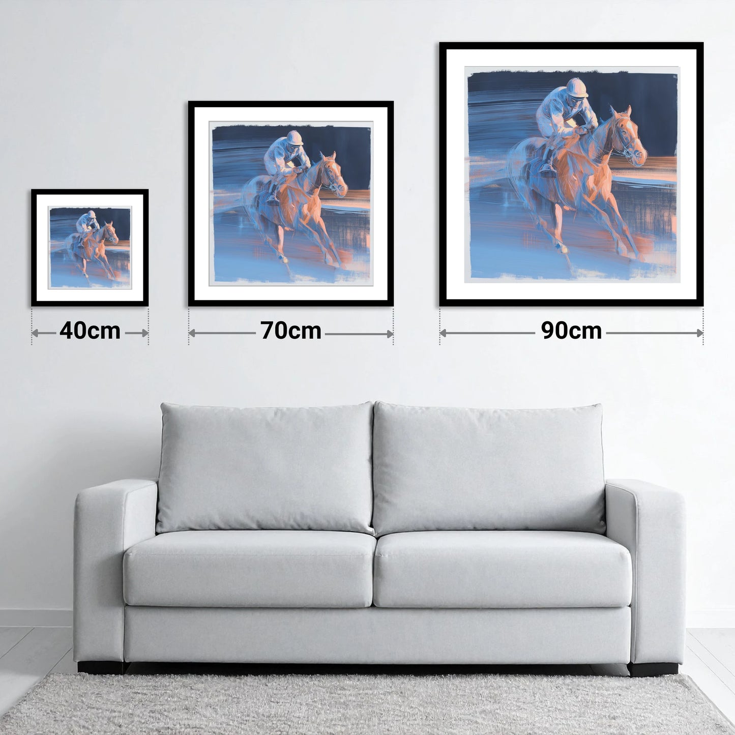 Twilight Stretch - size guide showing 40cm, 70cm and 90cm art prints