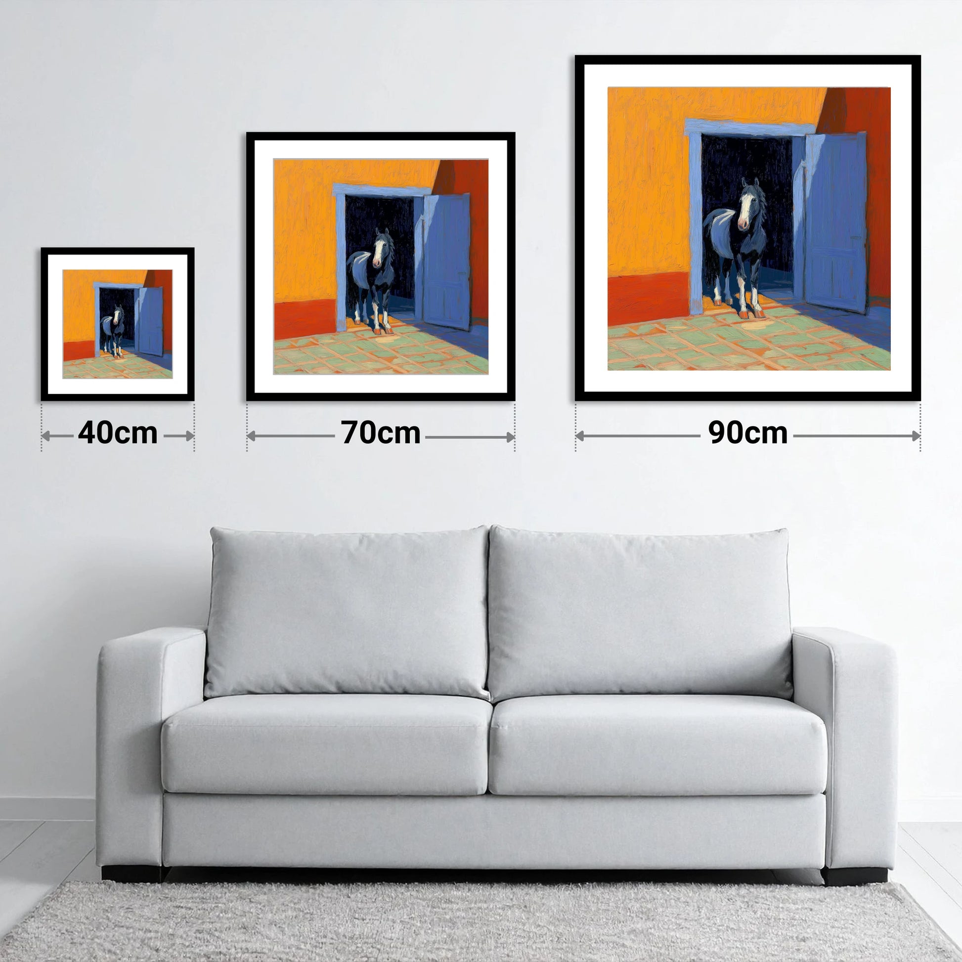 Sunlit Stable Doorway - size guide showing 40cm, 70cm and 90cm art prints