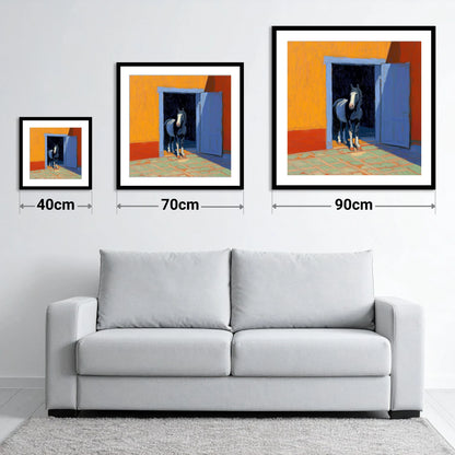 Sunlit Stable Doorway - size guide showing 40cm, 70cm and 90cm art prints