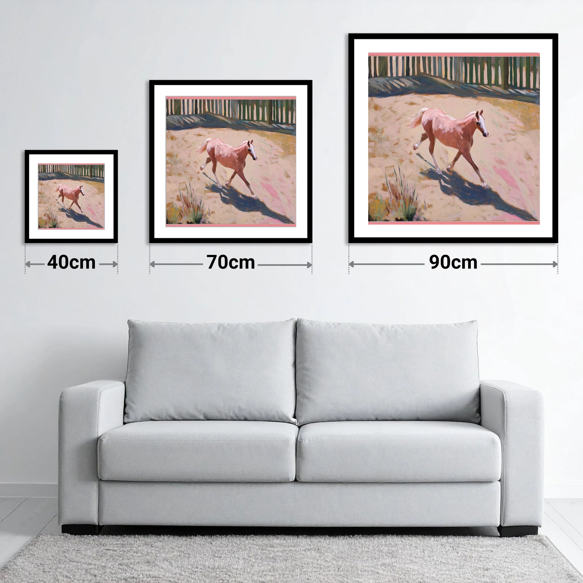 Sunlit Arena Stride - size guide showing 40cm, 70cm and 90cm art prints